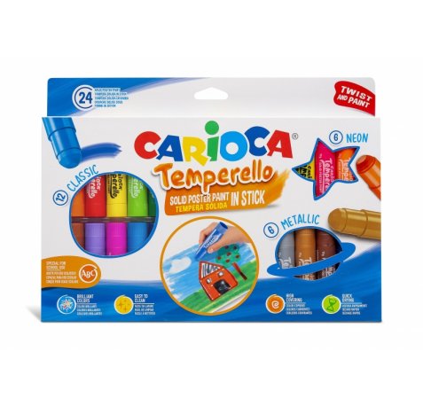 Carioca Temperello Pack de 24 Temperas Solidas - Colores Brillantes y Lavables - Gran Cobertura - Faciles de Mezclar - sin Disolventes - Acabado Satinado - Color Varios