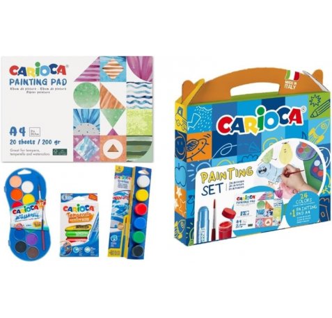 Carioca Painting Set Pack con 12 Acuarelas, 6 Temperas y 6 Temperas Solidas + Bloc con 20 Hojas A4 - Colores Surtidos