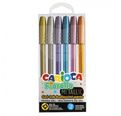 Carioca Fiorella Pack de 6 Boligrafos de Colores Metallic - Boligrafo con Punta de Esfera y Cuerpo Transparente Fluo - Escritura Brillante y Colorida - Color Varios