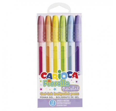 Carioca Fiorella Pack de 6 Boligrafos de Colores Tinta Gel - Punta de Bola 1mm - Cuerpo Transparente Pastel - Colores Pastel Surtidos
