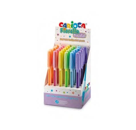 Carioca Fiorella Expositor con 30 Boligrafos de Colores Tinta Gel - Punta de Bola 1mm - Cuerpo Transparente Pastel - Colores Pastel Surtidos