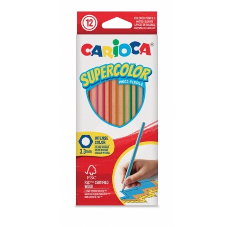 Carioca Supercolor Pack de 12 Lapices de Madera - Cuerpo Hexagonal - Colores Intensos y Gran Opacidad - 3.3mm de Grosor - Color Varios