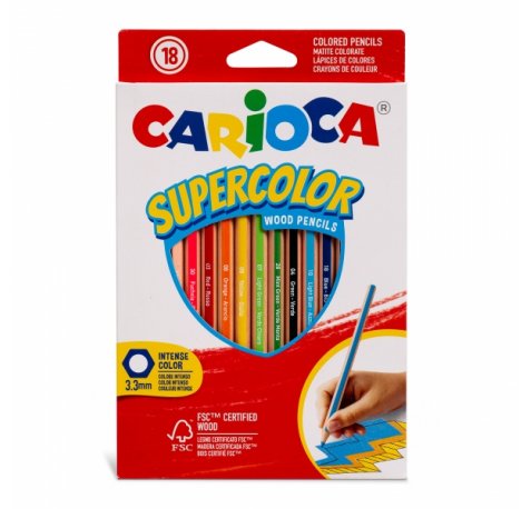 Carioca Supercolor Pack de 18 Lapices de Madera - Cuerpo Hexagonal - Colores Intensos y Gran Opacidad - 3.3mm de Grosor - Color Varios