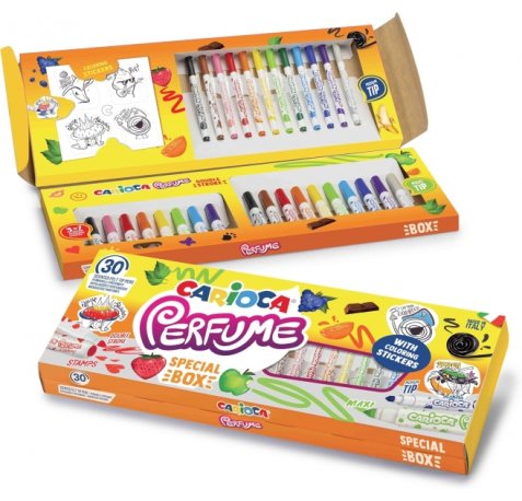 Carioca Pack de 30 Rotuladores Perfumados - Tinta Lavable - Aromas Naturales - Libre de Sustancias Alergenicas - Punta Conica Bloqueada - Incluye Pegatinas para Colorear - Color Varios
