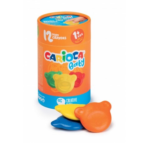 Carioca Teddy Crayons Pack de 12 Ceras de Colores - Certificadas a Partir de los 12 Meses - Diseñadas para Entrenar el Agarre Digital - Color Varios