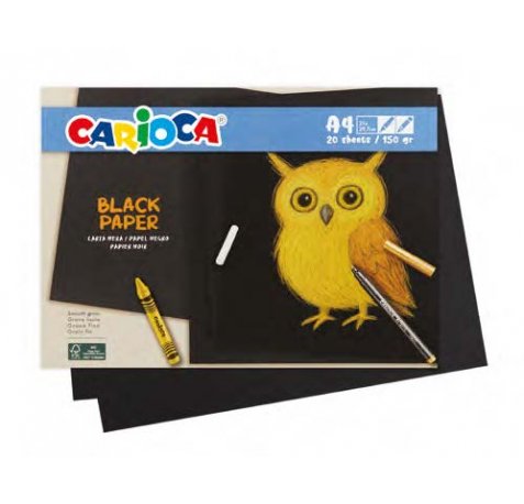 Carioca Black Pack con 20 Hojas A4 de Color Negro - Papel de 150gr - Recomendado para Tizas, Ceras, Rotuladores Brillantes etc...