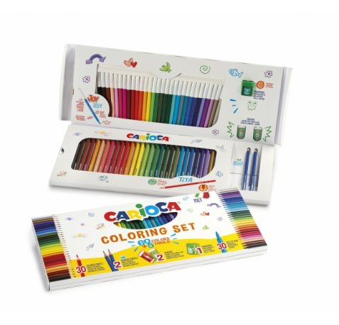 Carioca Joy Pack de 65 Piezas para Colorear - 30 Rotuladores Super Lavables - 30 Lapices de Color Superfuertes - 2 Gomas de Borrar - 2 Lapices de Grafito HB - 1 Sacapuntas con Deposito - Color Varios