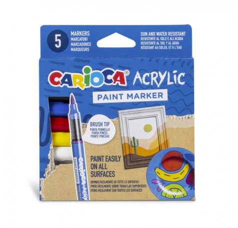 Carioca Acrylic Pack de 5 Marcadores de Pintura Acrilica - Punta Pincel - Tinta a Base de Agua - Alta Cobertura - Colores Surtidos