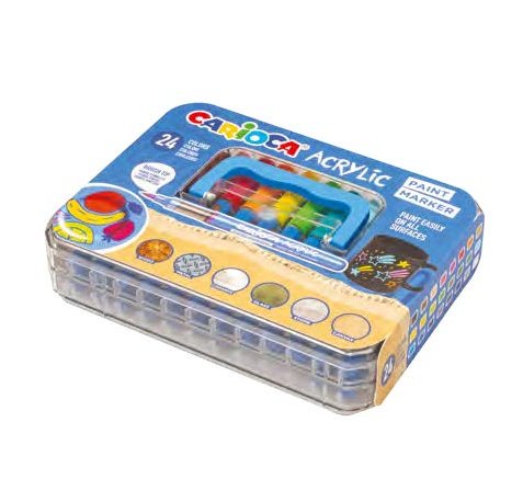 Carioca Acrylic Maleta de Plastico con 24 Marcadores de Pintura Acrilica - Punta Pincel - Tinta a Base de Agua - Alta Cobertura - Colores Surtidos