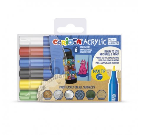 Carioca Acrylic Pack de 6 Marcadores de Pintura Acrilica - Punta Maxi - Tinta a Base de Agua - Alta Cobertura - Colores Surtidos