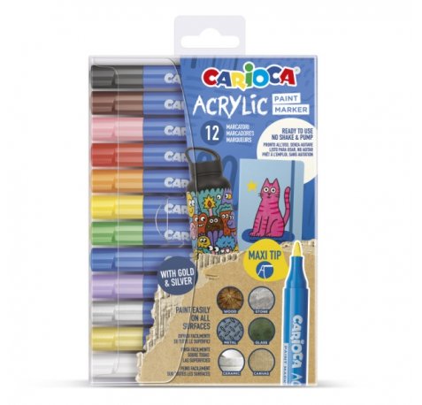 Carioca Acrylic Pack de 12 Marcadores de Pintura Acrilica - Punta Maxi - Tinta a Base de Agua - Alta Cobertura - Colores Surtidos