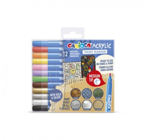 Carioca Acrylic Pack de 12 Marcadores de Pintura Acrilica - Punta Media - Tinta a Base de Agua - Alta Cobertura - Colores Surtidos