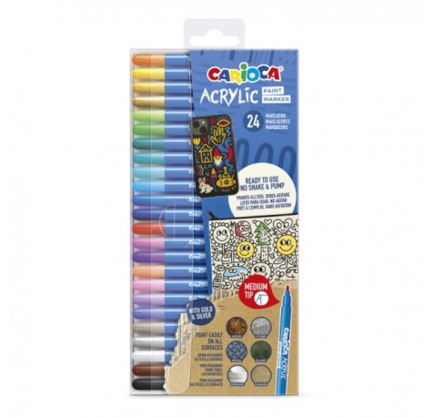 Carioca Acrylic Pack de 24 Marcadores de Pintura Acrilica - Punta Media - Tinta a Base de Agua - Alta Cobertura - Colores Surtidos