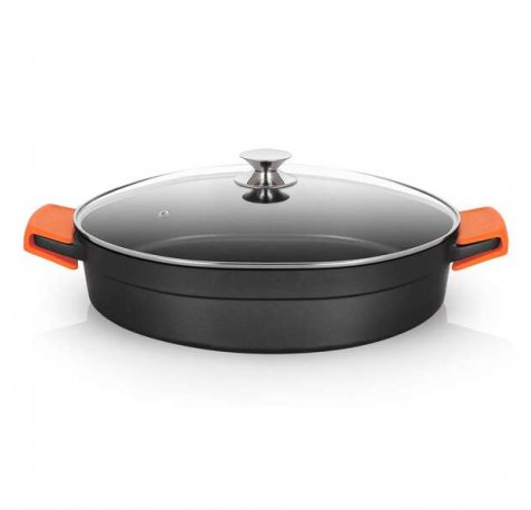 Orbegozo CDB Cacerola Baja Serie 10.5L - Aluminio Fundido Indeformable - Asas de Silicona - Apta para Todo Tipo de Fuegos - Superficie Antiadherente - Tapa de Cristal Templado