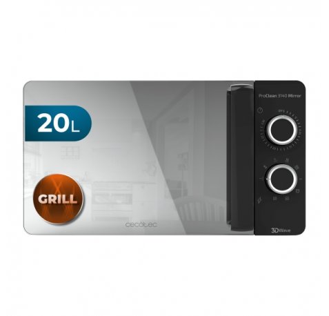 Cecotec Proclean 3140 Mirror Microondas - 700W - Capacidad 20L - Grill de 800W - Tecnologia 3DWave - Modo Descongelar - 6 Niveles - Avisador Acustico - Color Negro