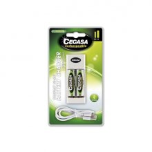 Cegasa Rechargeable Pack con Cargador Compacto de Pilas y Cable USB + 2 Pilas Recargables AA HR6 2000mAh - Cargador Apto para AA y AAA