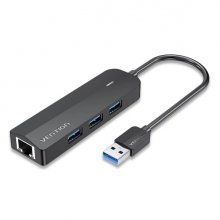 Vention Hub USB 4 en 1 - 3xUSB-A - Ethernet RJ45 - Cable USB-A de 15cm - Indicador LED - Velocidad hasta 5Gbps - Color Negro