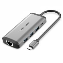 Vention Docking Station 7 en 1 USB-C a HDMI 4K/3xUSB3.0/RJ45/Lector SD/TF/PD87W - 0.15m - Color Gris