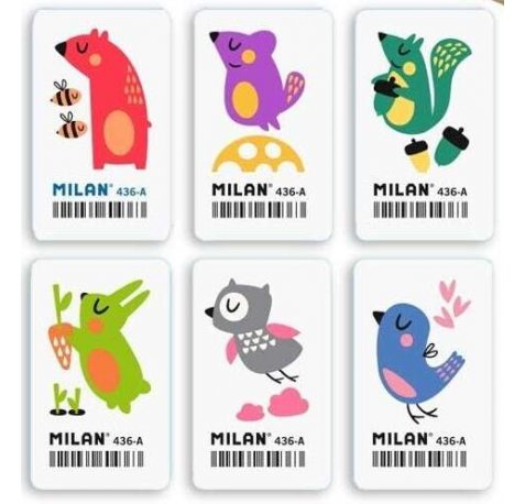 Milan 436A Goma de Borrar Rectangular Flexible - Miga de Pan - Caucho Sintetico - Dibujos Infantiles - Dibujos Surtidos (36 uds)
