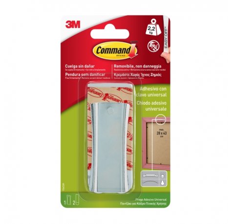 Command Universal Soporte Adhesivo con Clavo para Colgar - 2 Tiras Adhesivas - Universal - Soporta hasta 2.2kg - Color Plata