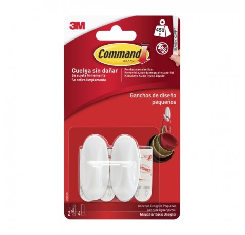Command Pack de 2 Ganchos Compactos - Talla S - 4 Tiras Adhesivas - Soporta hasta 450G - Color Blanco