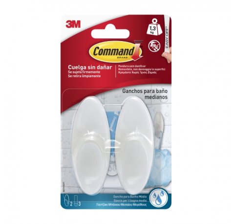 Command Pack de 2 Ganchos Medianos para Aseo - Resistente al Agua - 3 Tiras Adhesivas - Soporta hasta 1.3kg - Color Blanco