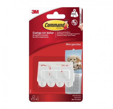 Command Mini Pack de 3 Ganchos - 4 Tiras Adhesivas - Soportan hasta 225G - Color Blanco