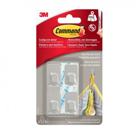 Command Pack de 4 Ganchos Compactos - Acero Inoxidable - 5 Tiras Adhesivas - Soporta hasta 225G - Talla S - Color Transparente