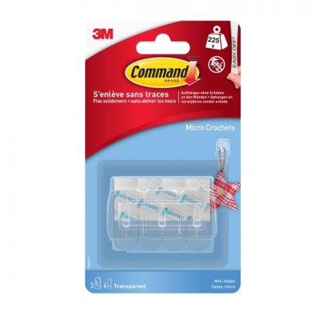 Command Mini Pack de 3 Ganchos - 4 Tiras Adhesivas - Soportan hasta 225G - Color Transparente