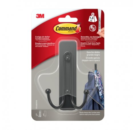 Command Gancho Doble Grande - 1 Tira Adhesiva - Soporta hasta 1.8kg - Color Negro