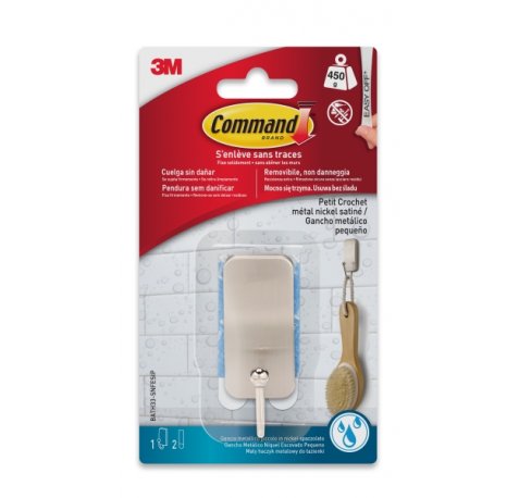 Command Gancho Compacto para Aseo - Resistente al Agua - 1Â Unidad - 2 Tiras Adhesivas - Soporta hasta 450G - Talla S - Color Niquel Satinado