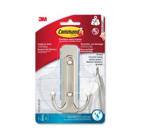 Command Gancho Doble Grande para Aseo - 2 Tiras Adhesivas - Soporta hasta 1.8kg - Color Niquel Satinado