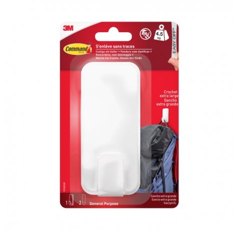 Command Gancho para Objetos Pesados - 2 Tiras Adhesivas - Extragrande - Soporta hasta 4.5kg - Color Blanco