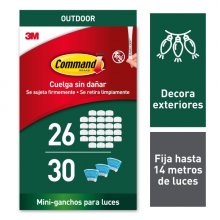 Command Pack de 26 Ganchos para Luces - Sujeccion de Clip - 30 Tiras Adhesivas - Color Blanco