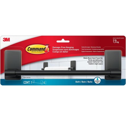Command Toallero para Aseo - Soporta hasta 1.3kg - Incluye 4 Tiras Adhesivas - Resistente al Agua y Oxido - Color Negro