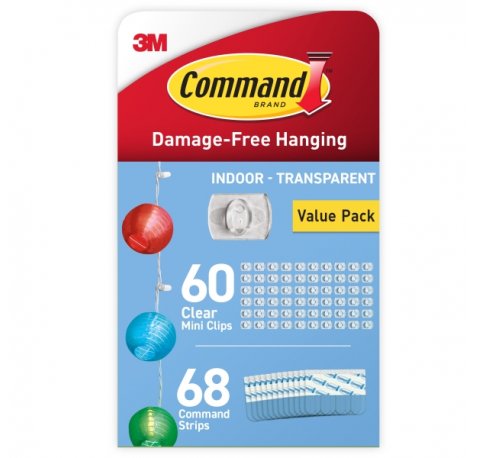 Command Clip Mini Pack de 60 Ganchos para Cable - 68 Tiras Adhesivas - Uso en Interior - Retirada Sin Deteriorar la Superficie - Color Transparente