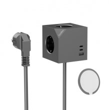 Coolbox Cubik Magnet Cubo Multienchufes de Sobremesa con 3 Tomas + 2x USB-C 20W max. - 1x USB-A 15W max. - Cable de 1,4m - Fijacion Magnetica - Color Gris