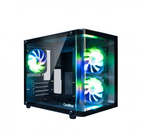 Coolbox GM100 Vision Caja Mini Torre Micro ATX, Mini-ITX - Frontal y Lateral Cristal Templado - Tamaño HDD 2.5" - USB-A 3.0 y Audio - 3 Ventiladores ARGB 120mm - Soporta Refrigeracion Liquida
