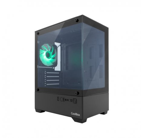 Coolbox GM200 Vision Lite Caja Mini Torre Micro ATX, Mini-ITX - Frontal y Lateral Cristal Templado - TamaÃ±o HDD 3.5" y 2.5" - USB-A 3.2, USB-C 3.2, USB-A 2.0 y Audio - Ventilador Trasero ARGB - Soporta Refrigeracion Liquida - Color Negro