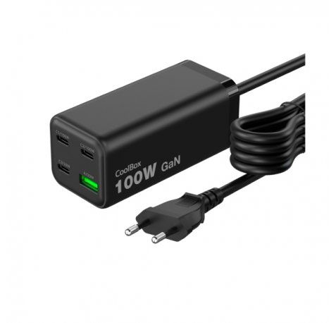 CoolBox Cargador GAN 100W Chargemaster 4 PRO - 3xUSB-C - 1xUSB-A - Carga Rapida 3.0- Power Delivery - Cable 1.5 Metros - Color Negro