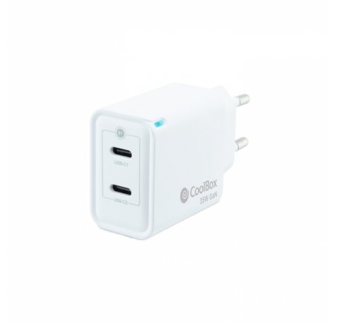 Coolbox Cargador de Pared GaN 35W USB-C/USB-C Carga Rapida - Compacto - Tecnologia GaN - Doble Puerto USB-C - Color Blanco