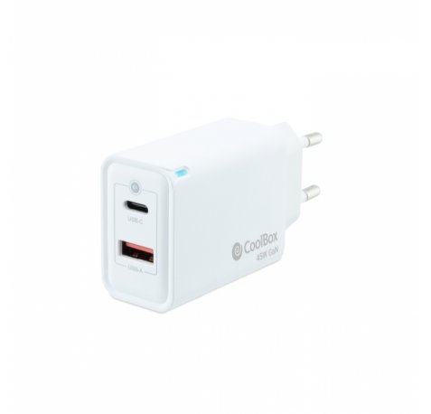 Coolbox Cargador de Pared GaN 45W USB-C/USB-A Carga Rapida - Compacto - Compatible con Multiples Dispositivos - Tecnologia Avanzada GaN - Color Blanco