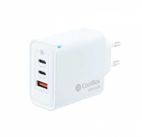 Coolbox Cargador de Pared GaN 65W USB-C/USB-C/USB-A Carga Rapida - Tecnologia GaN - Compatible con Multiples Dispositivos - Diseño Compacto. - Color Blanco