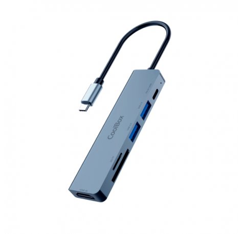 CoolBox MiniDock C61 USB-C - 1x HDMI 4K, 2x USB 3.2 Gen1, 1x USB-C PD, 1x SD, 1xMicroSD/TF - Compatible con PC, MAC y Consolas - Aluminio - Color Gris