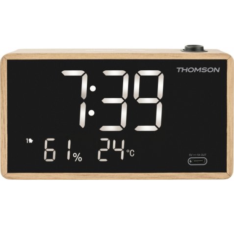Thomson Radio Reloj Despertador con Proyeccion - Radio FM - Visualizacion Temperatura Interior - Angulo Proyeccion Ajustable - Color Madera