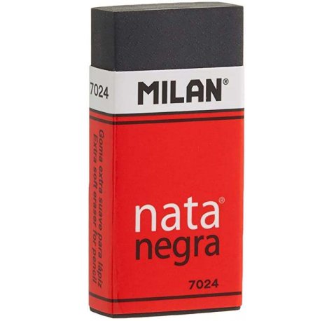Milan Nata 7024 Goma de Borrar Rectangular - Plastico - Faja de Carton Roja - Envuelta Individualmente - Extra Suave - Color Negro (24 uds)