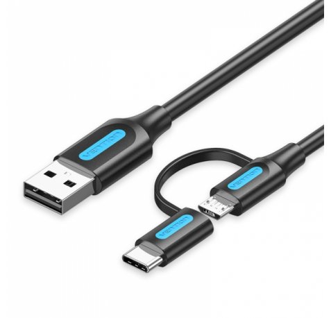 Vention Cable USB 2.0 Macho a MicroUSB+USB-C Macho - 3A - 60W - 480Mbps - 1m - Color Negro