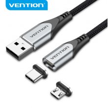 Vention CQMHD Cable USB-A 2.0 a Micro-B y USB-C Magnetico - Conectores Intercambiables - Transferencia 480 Mb/s - Color Gris