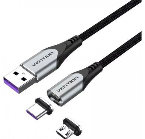 Vention Cable USB 2.0 - Longitud 50cm - USB-A - USB-C y Micro-USB Intercambiables - Velocidad hasta 480Mbps - Recubrimiento de Nailon Trenzado - Color Gris
