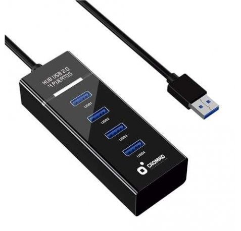 Cromad Cable USB 2.0 - Longitud 30cm - Indicador LED - Velocidad de Transferencia 480 Mbps - 4 Puertos - Sin Instalacion - Compatible con Todos los Sistemas Operativos - Color Negro